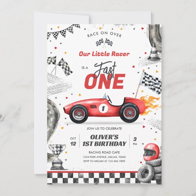 Convite Fast One Race Car Boy 1st Birthday Invitation (Frente)