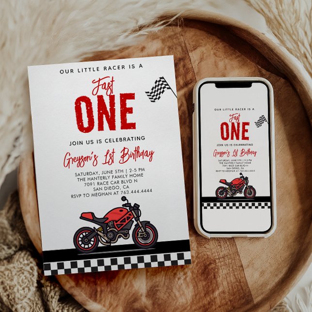 Convite Fast One Race Motorcycle 1st Birthday Party (Criador carregado)