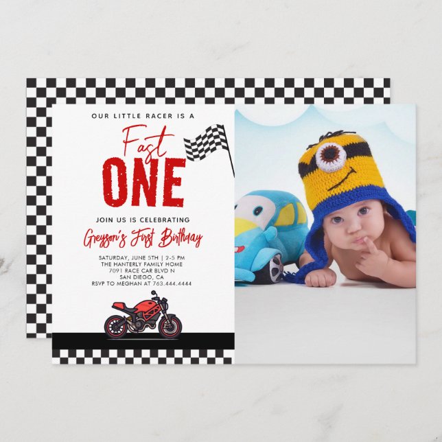 Convite Fast One Race Motorcycle Photo 1st Birthday Party (Frente/Verso)