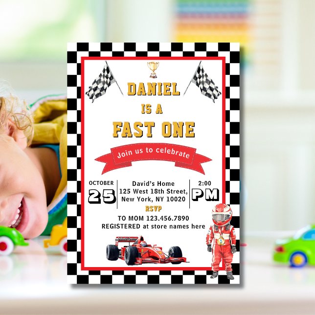 Convite Fast One Racing Theme Checkered Flag Birthday (Criador carregado)