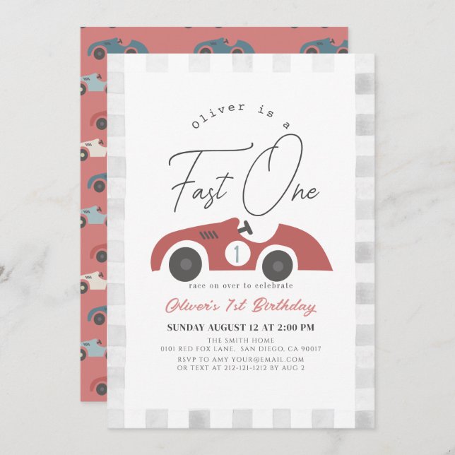 Convite Fast One Red Race Car Boy 1st Birthday (Frente/Verso)
