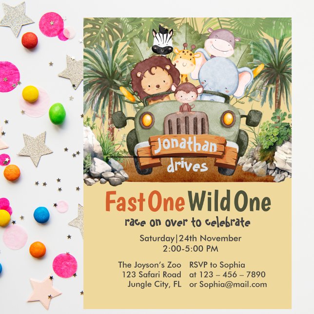 Convite Fast One Wild One Safari Animal Car primeiro anive (Criador carregado)