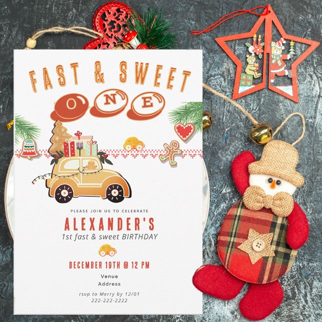 Convite Fast Sweet Christmas Gingerbread Car 1st Birthday (Fast & Sweet Christmas Gingerbread Car 1st Birthday Festive Cookies and Cocoa Kids Party Invitation)
