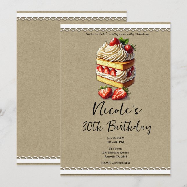 Convite Fatia de Bolo de Morango de Aniversário (Frente/Verso)