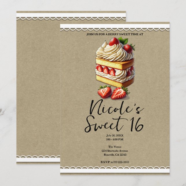 Convite Fatia de Bolo de Morango Doce Aniversário de 16 An (Frente/Verso)