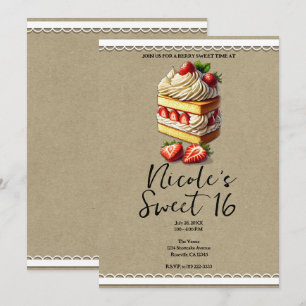 Convite Fatia de Bolo de Morango Doce Aniversário de 16 An
