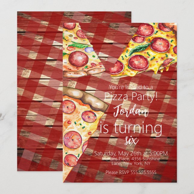 Convite Fatia de Pizza de Aquarela Rótulo de Aniversário d (Frente/Verso)