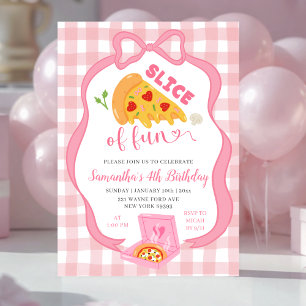Convite Fatia de pizza divertida com laço rosa de gingham 