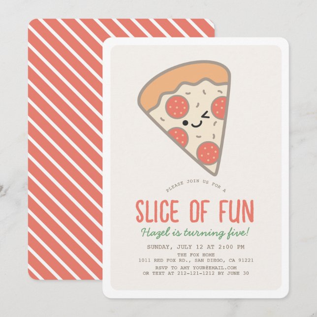 Convite Fatia de pizza divertida Kawaii Birthday (Frente/Verso)