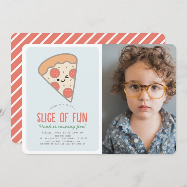 Convite Fatia de pizza divertida Kawaii Blue Photo Boy Ani (Frente/Verso)