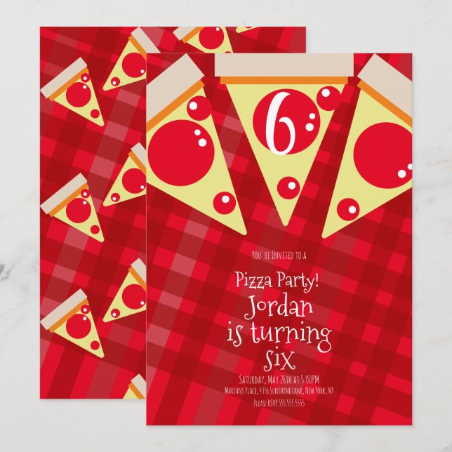 Convite Fatias de Pizza Geométrica Festa Vermelha Aniversá (Frente/Verso)