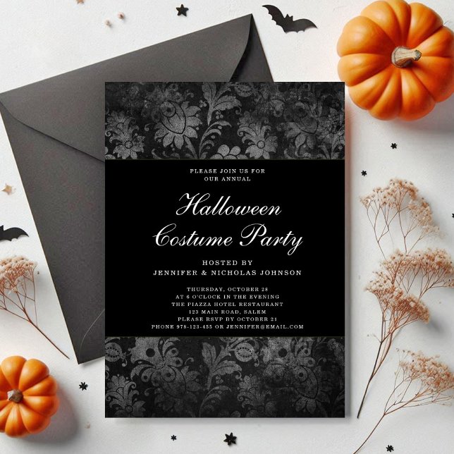 Convite Fato de Halloween em Damasco Preto Gótico (Gothic Black Damask Halloween Costume Invitation)