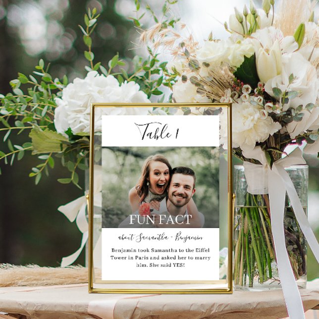 Convite Fatos Divertidos Números de Tabelas de Recepção de (Wedding table numbers with fun facts about the bride and groom)