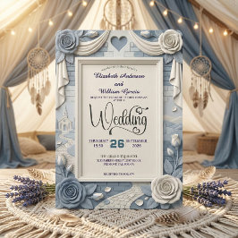 Convite Faux 3D Relief Dusty Blue Floral Wedding 