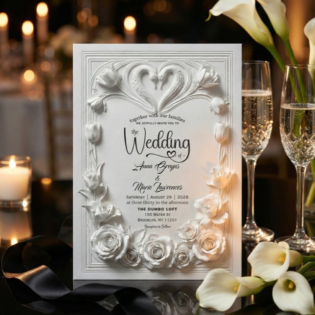 Convite Faux Bas Relief Swans Heart Classical Wedding (Criador carregado)