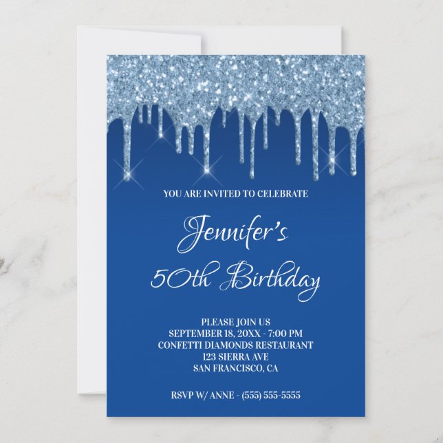 Convite Faux Blue Glitter Drips 50th Birthday (Verso)
