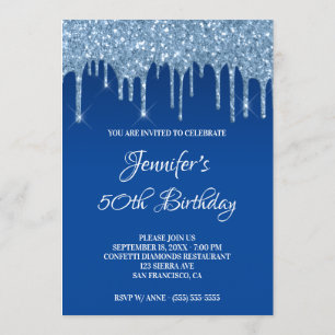 Convite Faux Blue Glitter Drips 50th Birthday