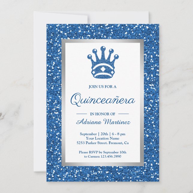 Convite Faux Blue Glitter Tiara Princess Quinceanera (Frente)