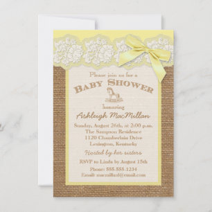 Convite FAUX Burlap Ivory Lace, Chá de fraldas Amarelo Con