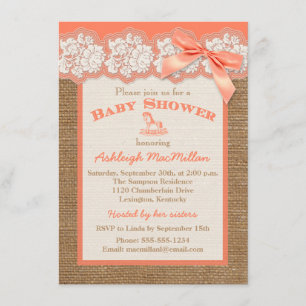 Convite FAUX Burlap Ivory Lace, Orange Chá de fraldas Inv