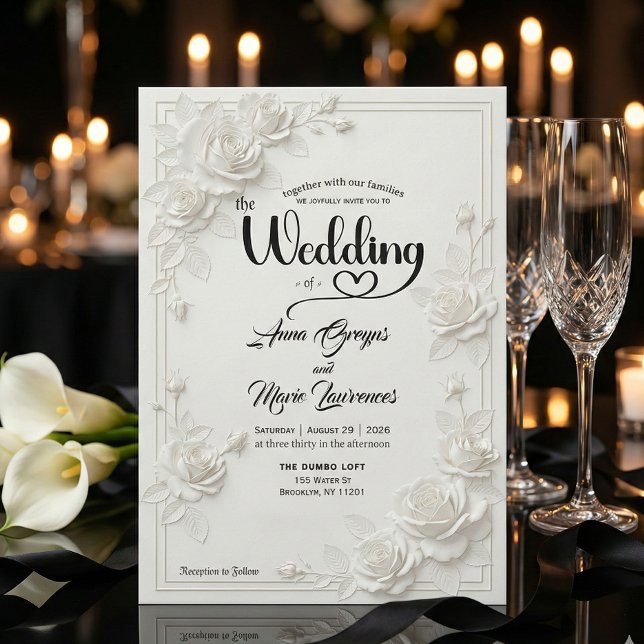 Convite Faux Carved White Rose Bas Relief Floral Wedding  (Criador carregado)