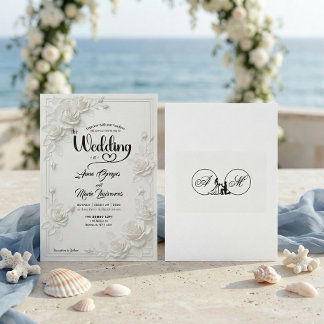 Convite Faux Carved White Rose Bas Relief Floral Wedding 