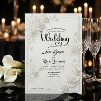 Convite Faux Carved White Rose Bas Relief Floral Wedding 
