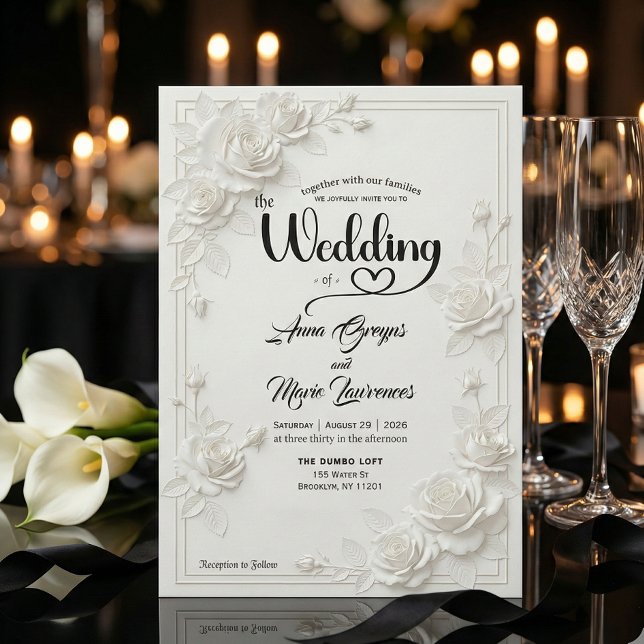 Convite Faux Carved White Rose Bas Relief Floral Wedding  (Criador carregado)