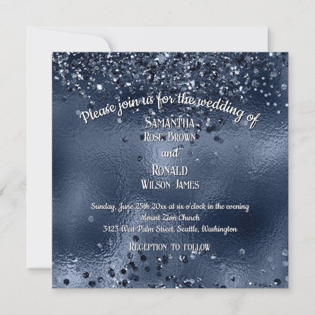 Convite Faux Dark Blue Glitter e Foil Weding (Frente)