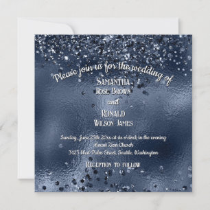 Convite Faux Dark Blue Glitter e Foil Weding