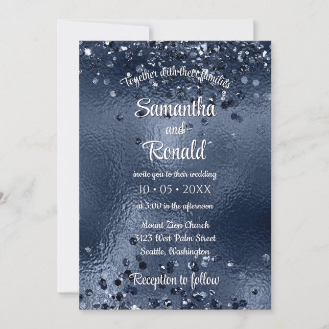 Convite Faux Dark Blue Glitter & Foil Weding (Frente)