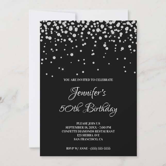 Convite Faux Diamantes Black 50th Birthday (Verso)