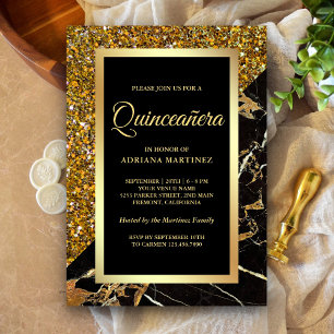 Convite Faux Dourada Glitter Black Marble Quinceanera