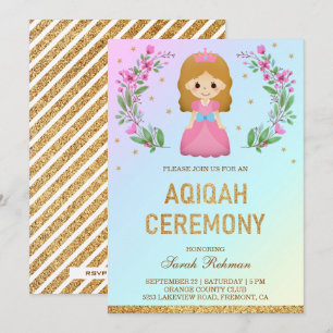 Convite Faux Dourada Glitter Princesa Rosa Rosa Aqiqah