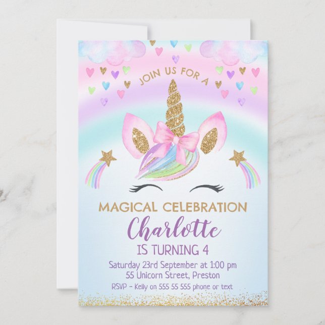 Convite Faux Dourado Arco Unicorn Rainbow Birthday (Frente)