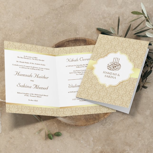 Convite Faux Dourado Bege Damask Casamento Muçulmano (Criador carregado)