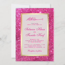 Convite Faux Dourado Brilhante Rosa Glitter Casamento Islâ
