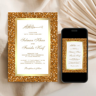 Convite Faux Dourado Brilho Branco Casamento Islâmico Muçu