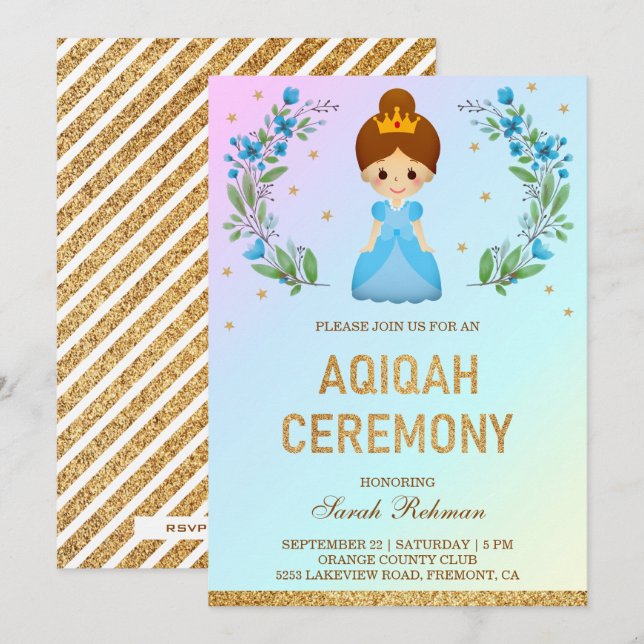 Convite Faux Dourado Brilho Cute Princesa Azul Aqiqah (Frente/Verso)