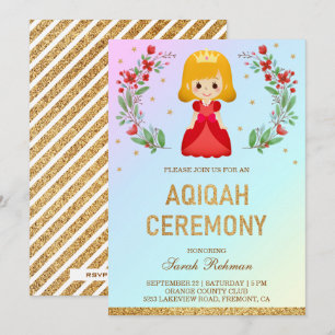 Convite Faux Dourado Brilho Cute Princesa Vermelha Aqiqah