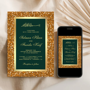 Convite Faux Dourado Brilho Esmeralda Casamento Islâmico M