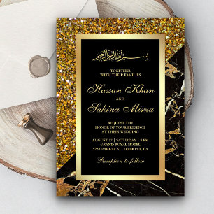 Convite Faux Dourado Brilho Preto Dourado Mármore Casament