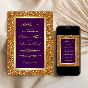 Convite Faux Dourado Brilho Roxo Casamento Islâmico Muçulm