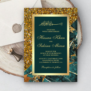 Convite Faux Dourado Brilho Verde Água Mármore Casamento M