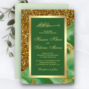 Convite Faux Dourado Brilho Verde Mármore Casamento Muçulm
