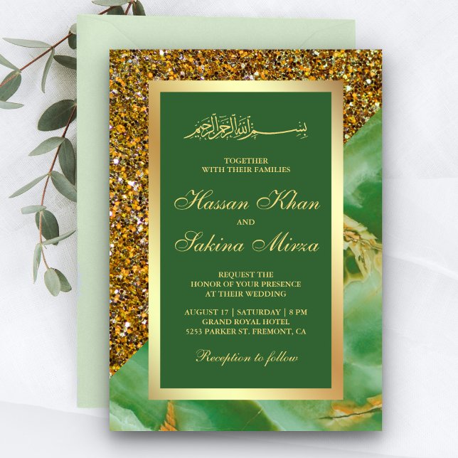 Convite Faux Dourado Brilho Verde Mármore Casamento Muçulm (Criador carregado)