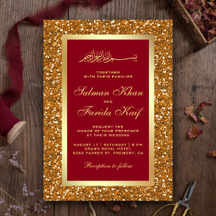 Convite Faux Dourado Brilho Vermelho Casamento Islâmico Mu