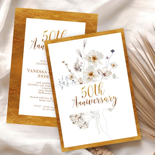 Convite Faux Dourado Calliografia Floral 50º Aniversário (Golden 50th Anniversary Invitation Faux Gold Calligraphy, Floral 50th Anniversary Invitation,  )