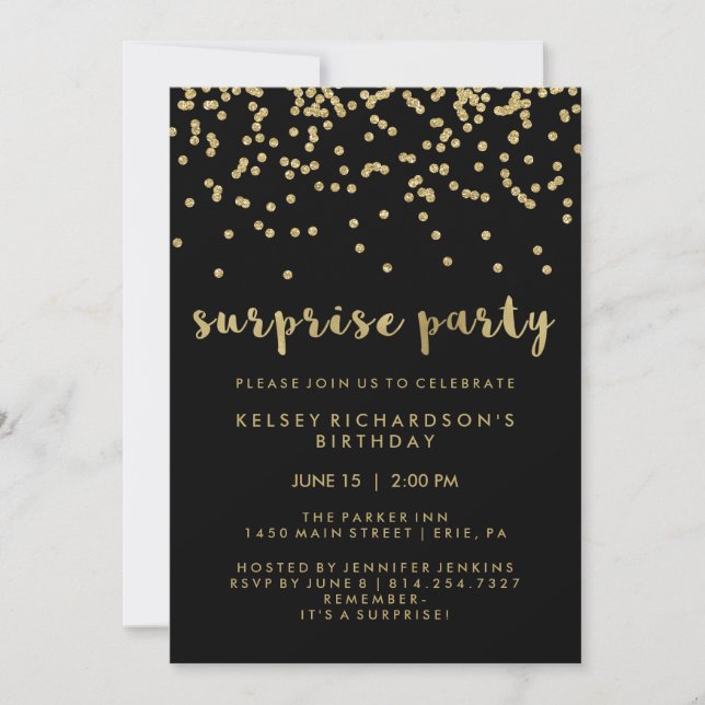 Convite Faux Dourado Confetti no Black Surprise Party (Frente)
