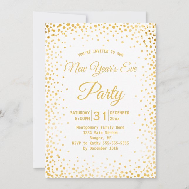 Convite Faux Dourado Confetti Véspera de ano novo Party Wh (Frente)